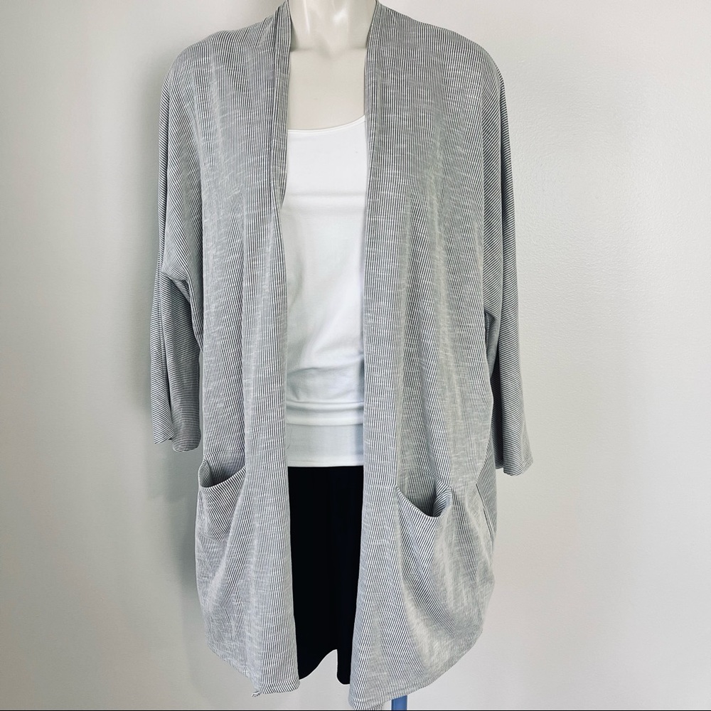 DONNI sweater CARDIGAN long STRIPE grey white KNIT draped WATERFALL bottom OSFA